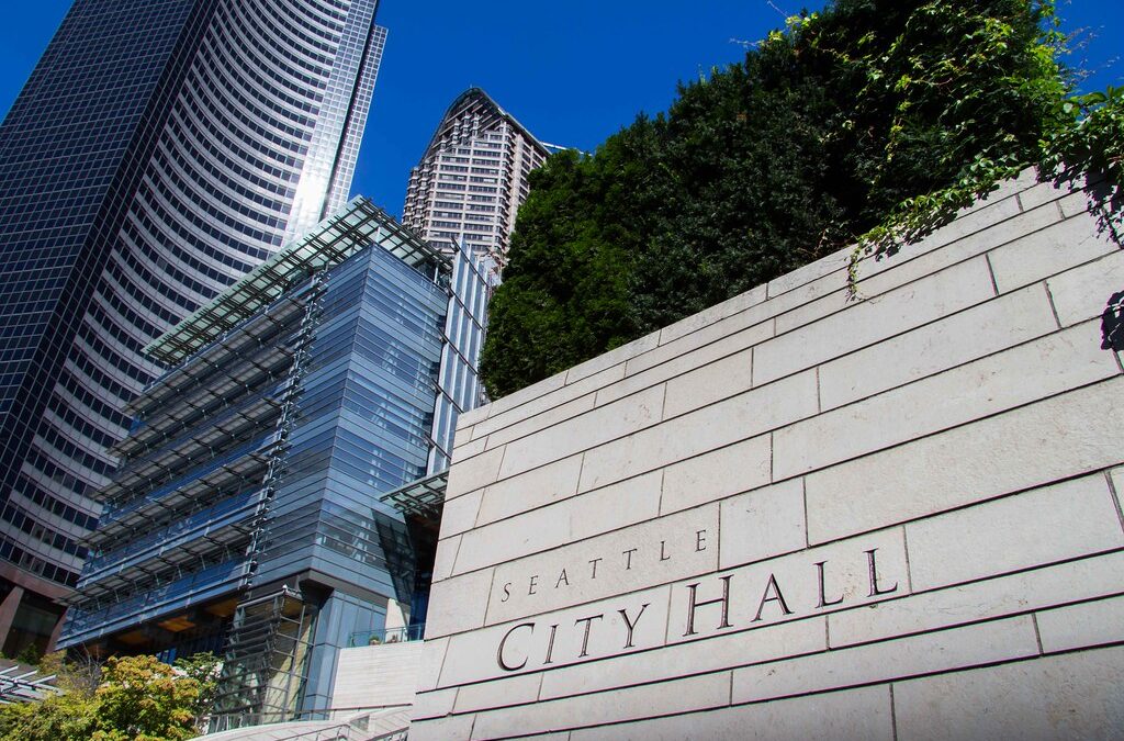 Photograph of Seattle City Hall taken from the sidewalk.